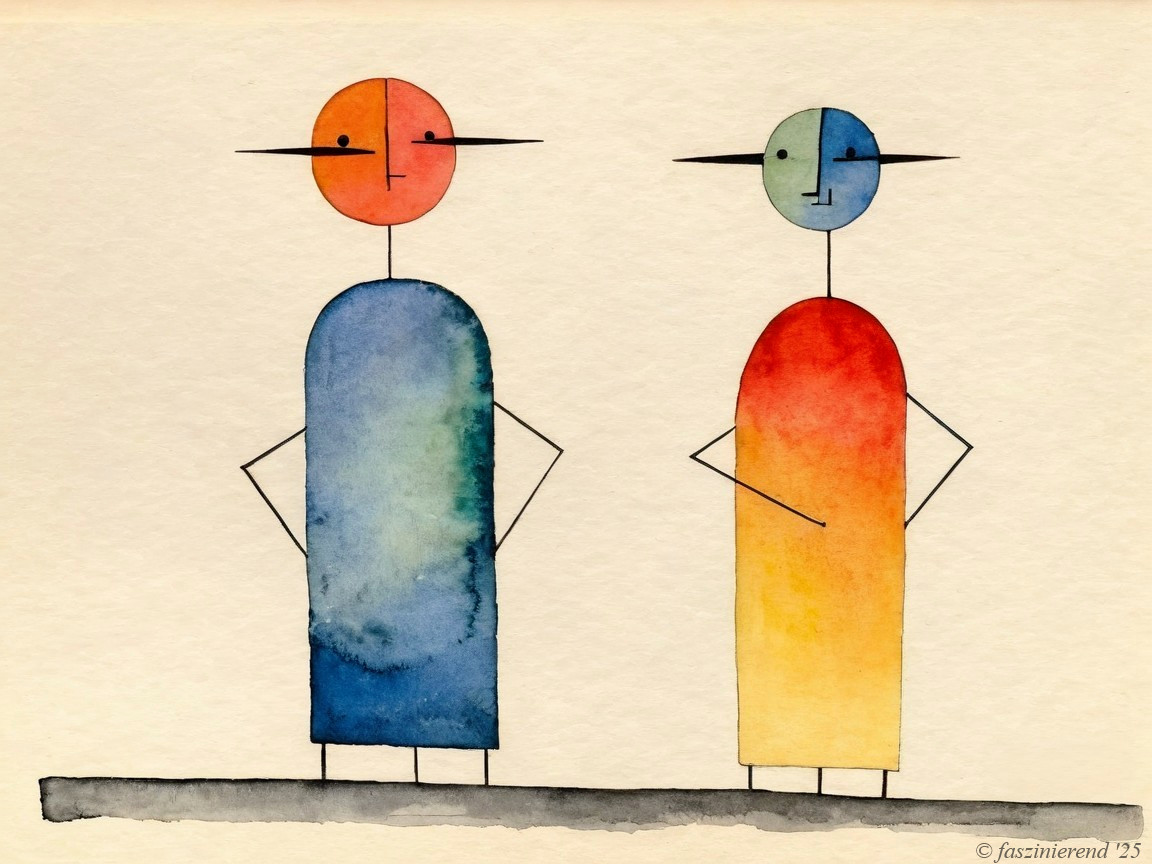 Abstract Figures in Blue and Red Hues Side by Side