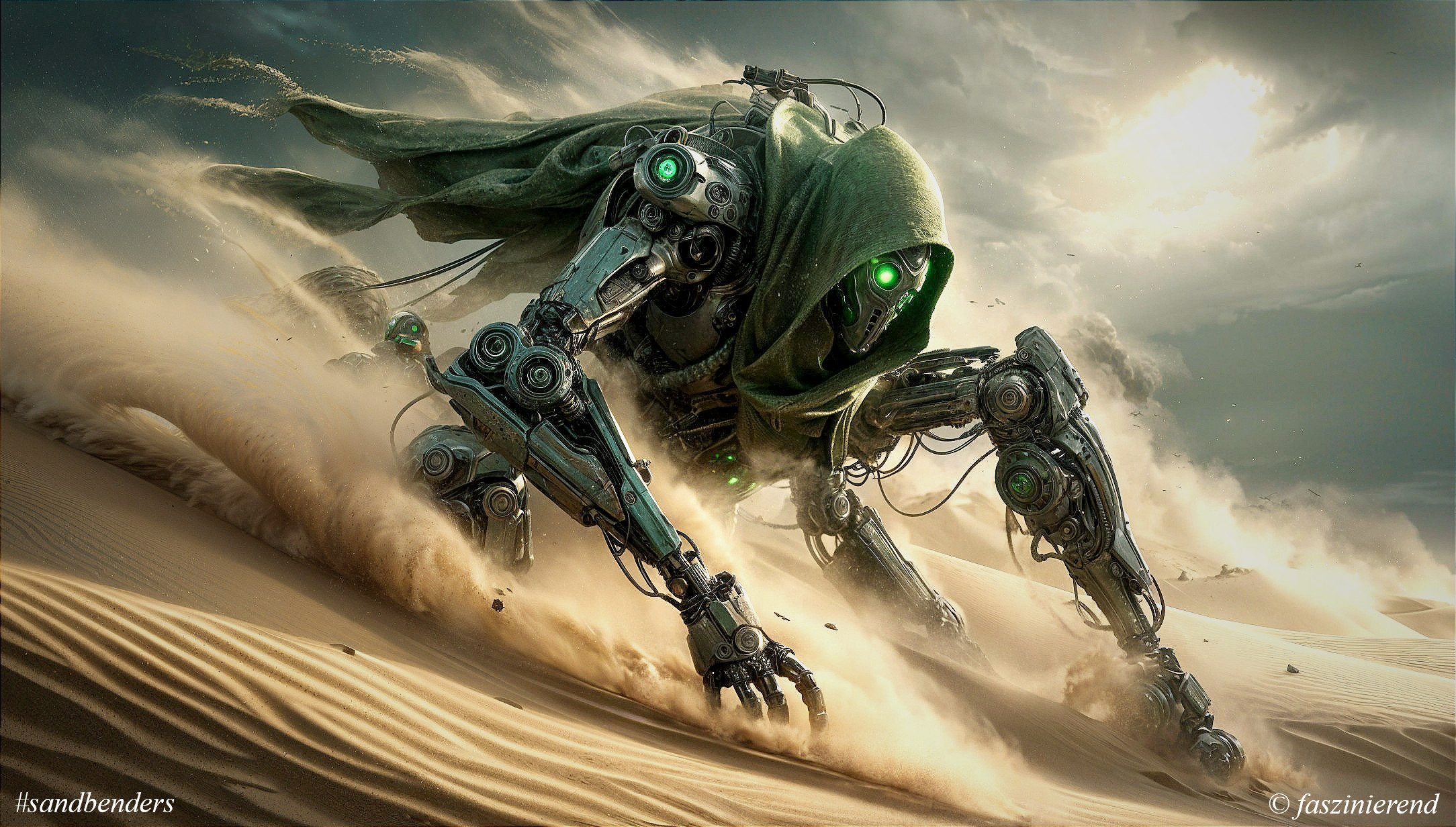 Futuristic robotic creature in a sunlit desert landscape