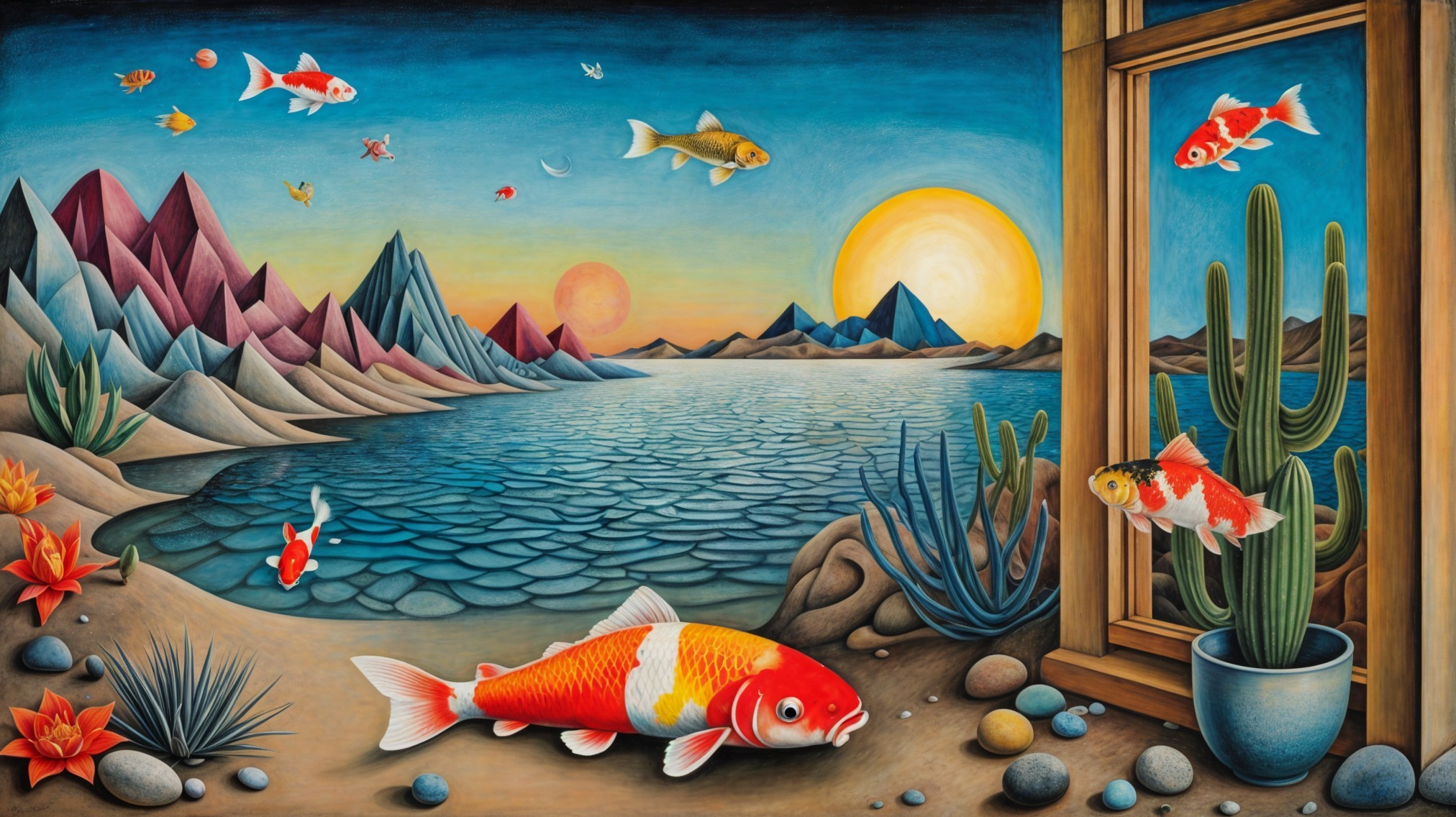 Vibrant Landscape with Sunset, Lake, and Koi Fish