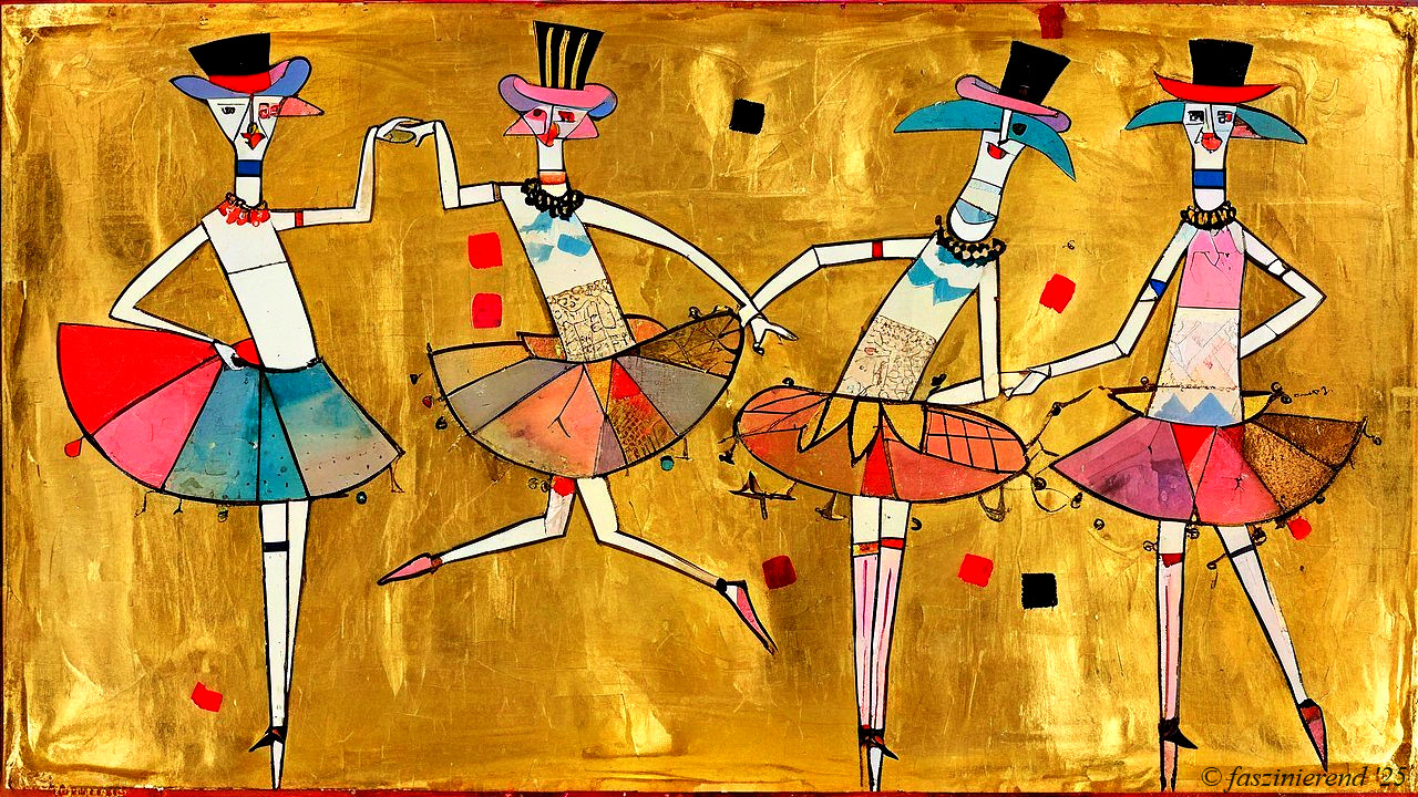 Whimsical Dancers in Colorful Tutus on Gold Background