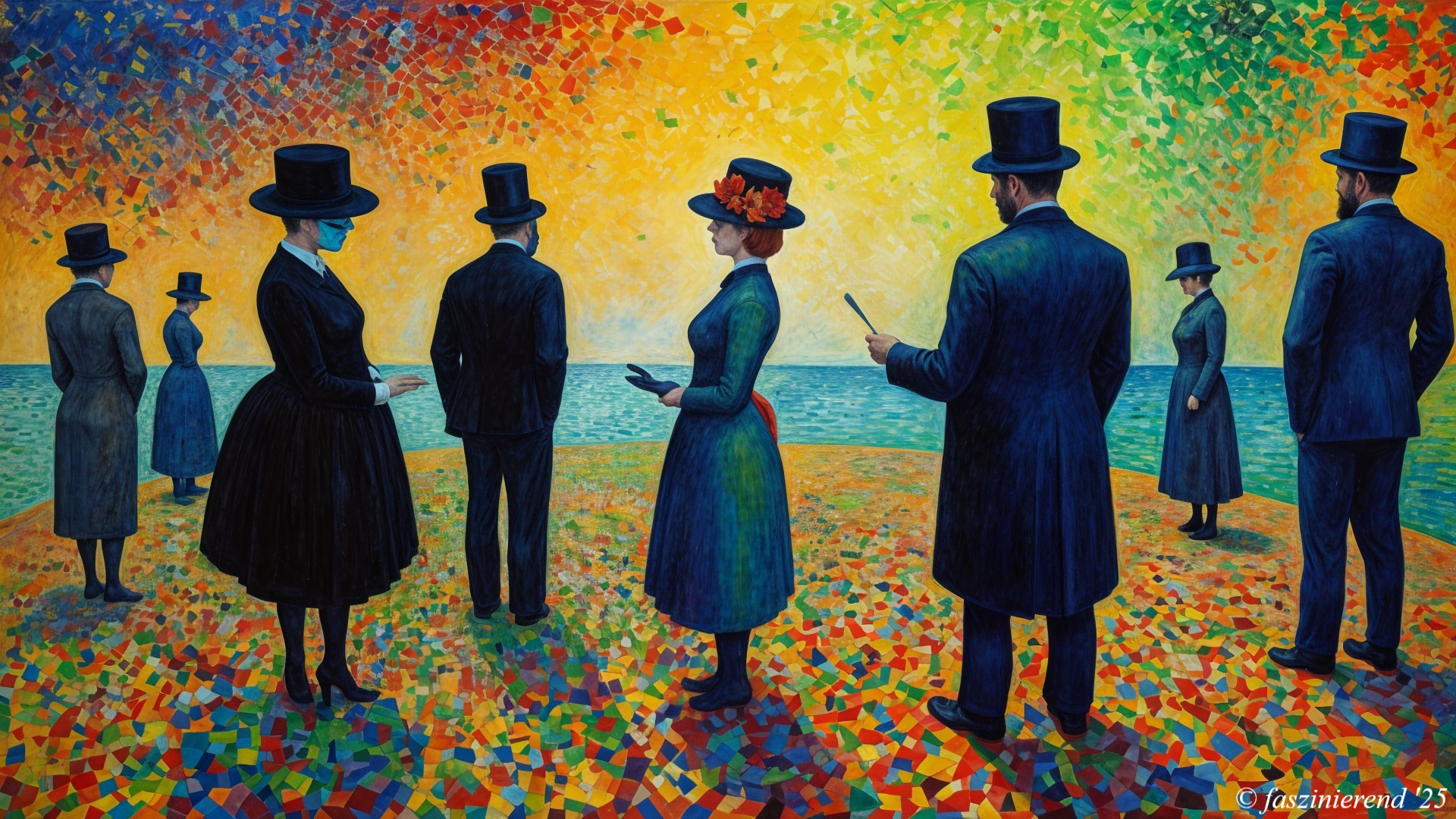 Vibrant Scene with Figures and Tranquil Seascape