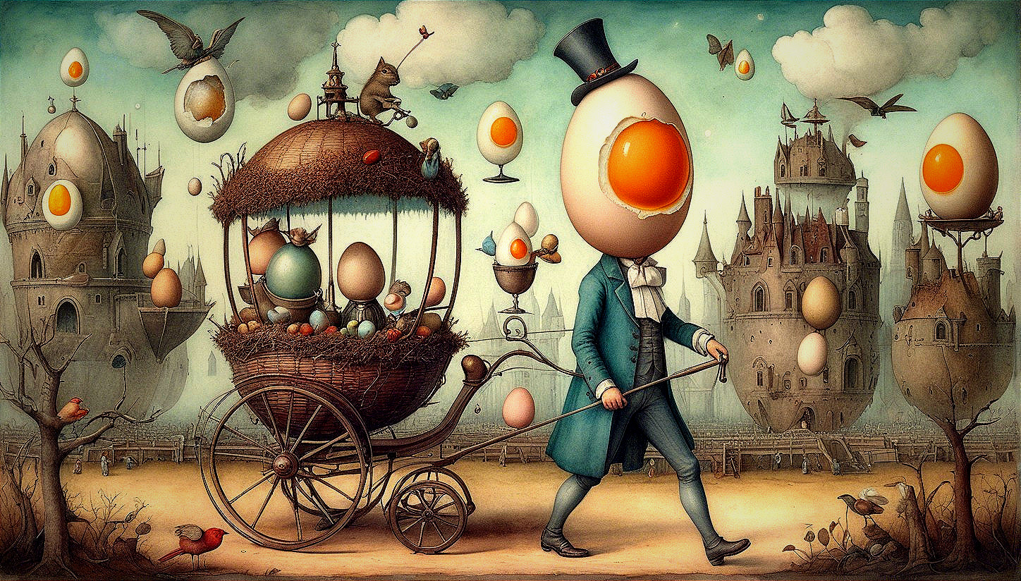 Whimsical Scene with Egg-Headed Man and Birds