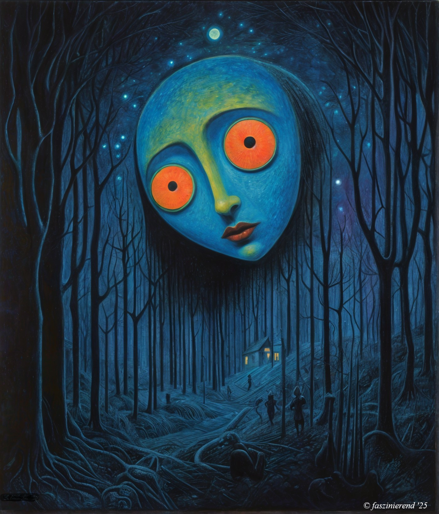 Surreal Nighttime Scene with Luminous Blue Face