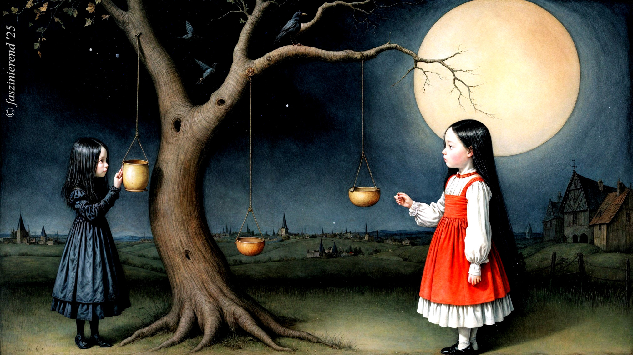Moonlit Scene with Girls and Gnarled Tree