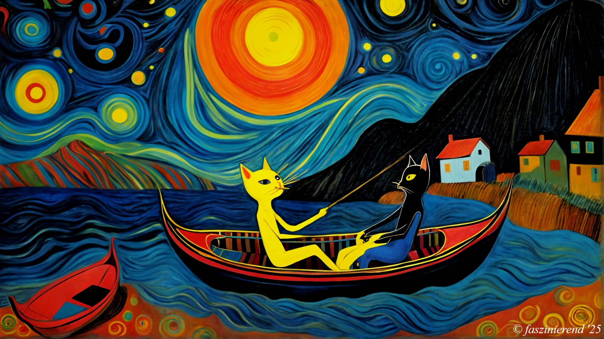 Whimsical Cats in Colorful Boat on Vibrant Lake