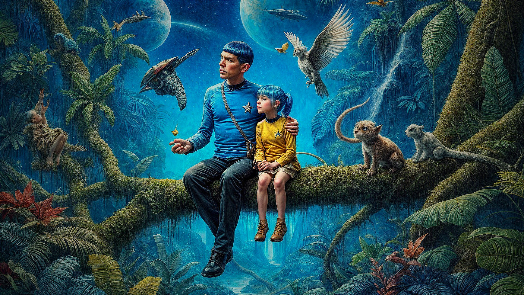 Man and girl in alien jungle with fantastical creatures
