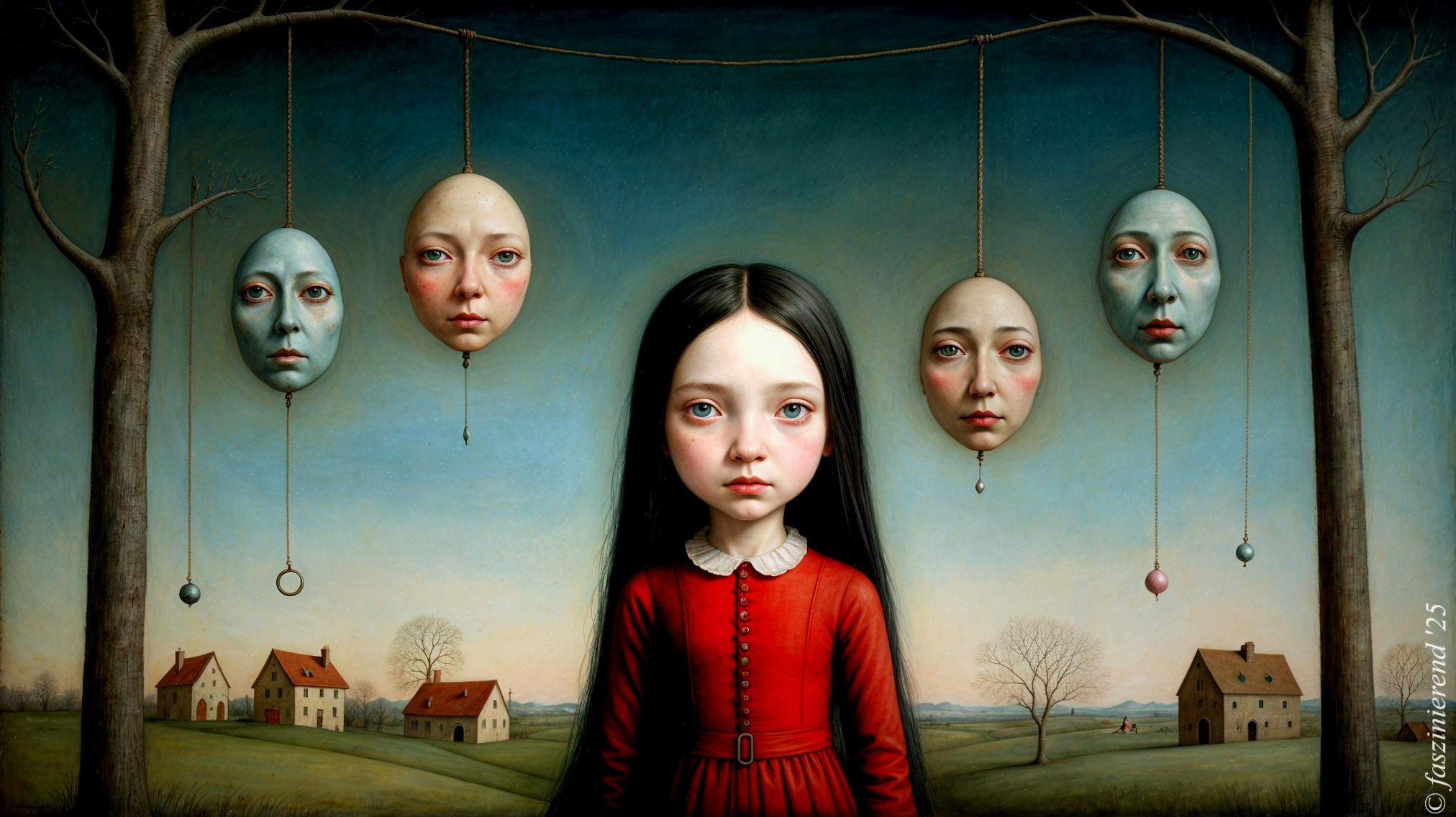 Surreal Landscape with Masks and Solemn Girl in Red Dress