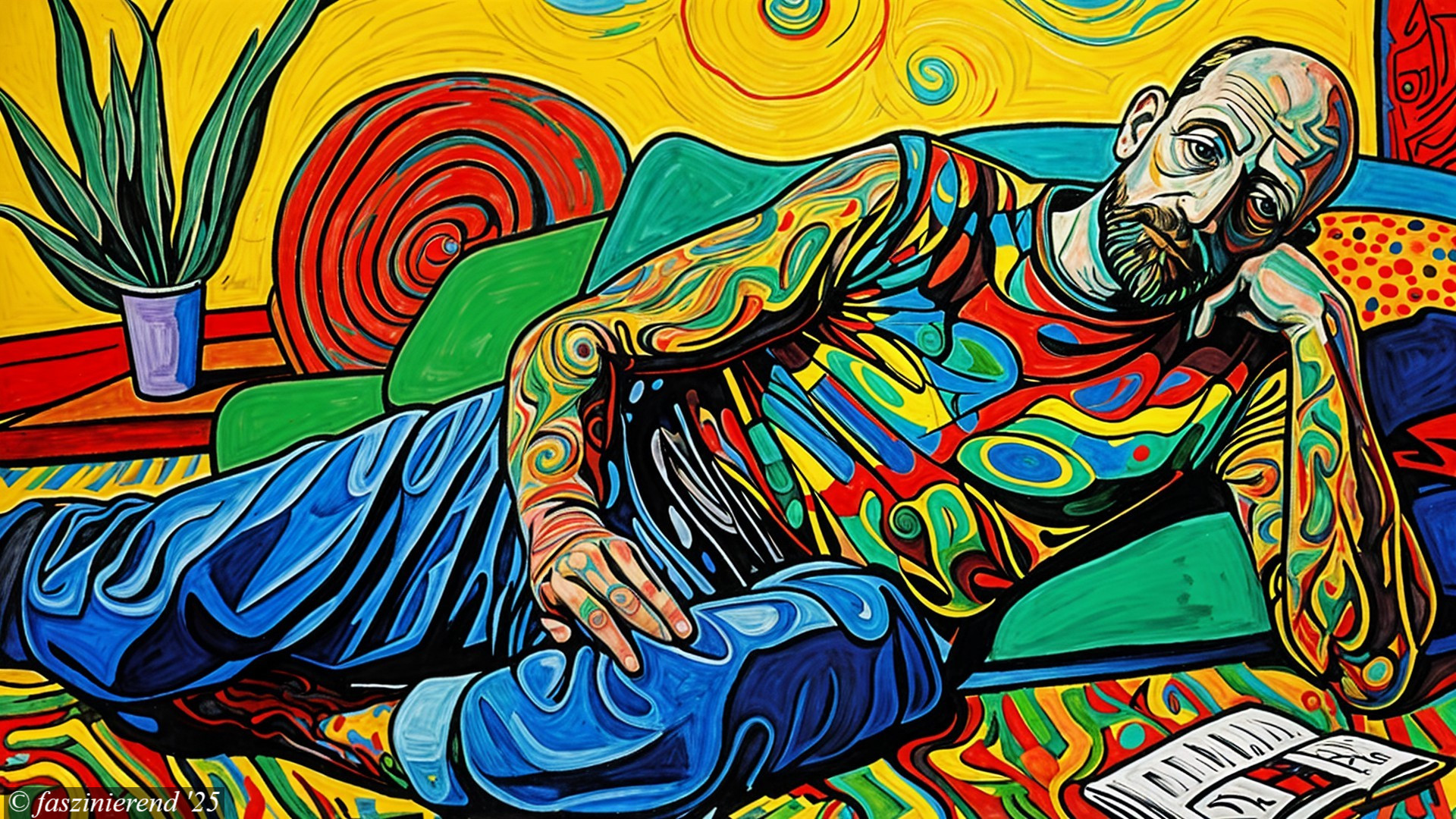 Abstract Art of a Man on a Green Couch