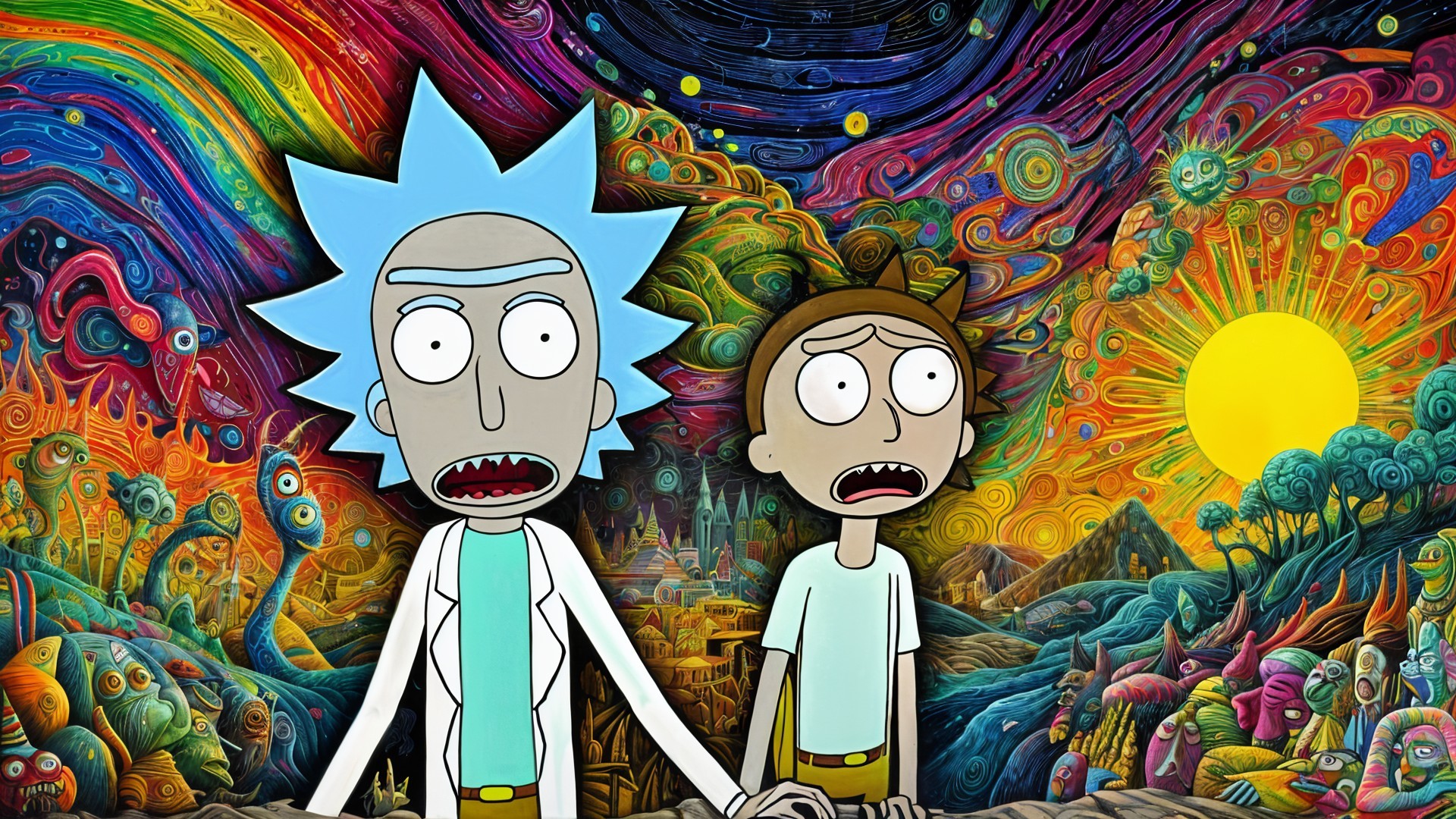 Surreal Artwork of Characters Amidst Cosmic Landscape