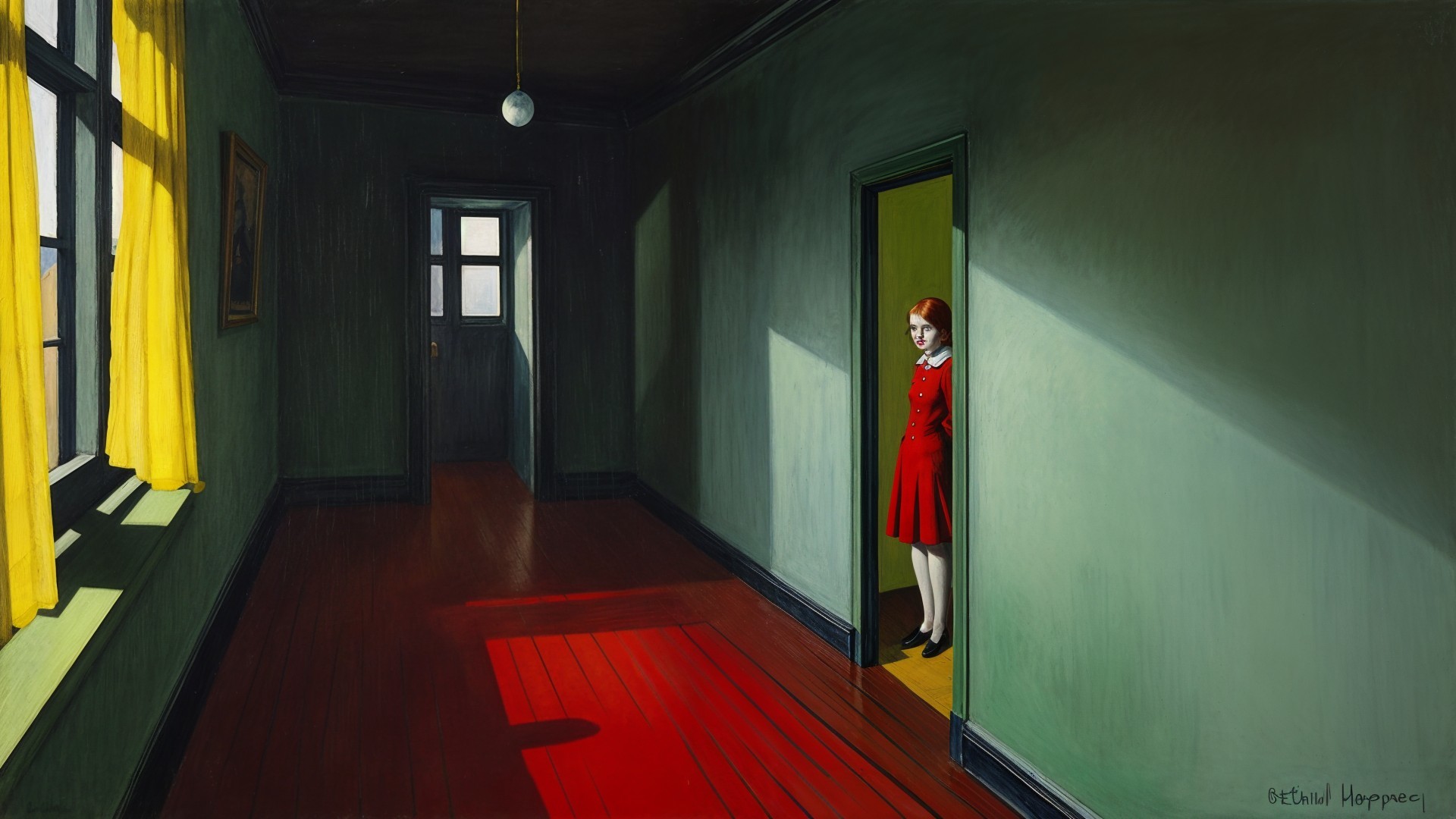 Young girl in red dress in dimly lit green room