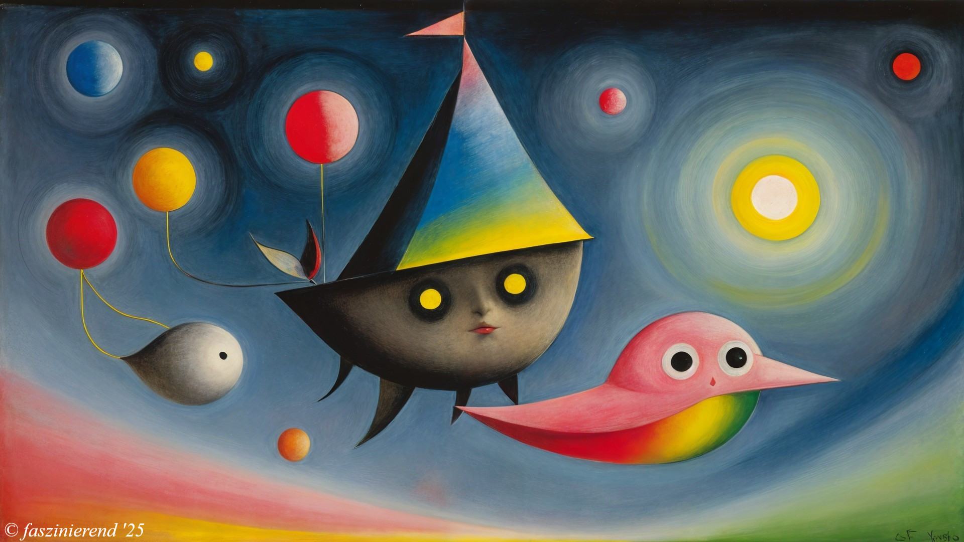 Whimsical Night Sky with Colorful Boat and Bird