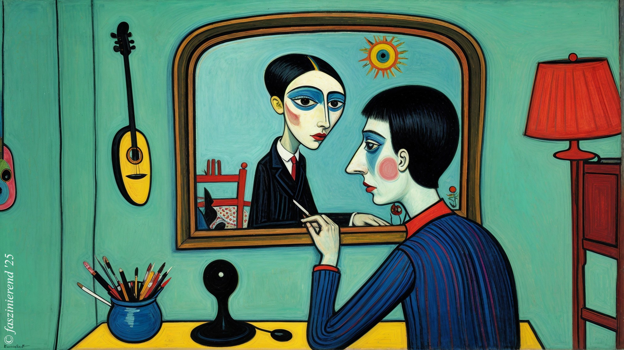 Figure in Pinstriped Suit Reflecting in Vibrant Room