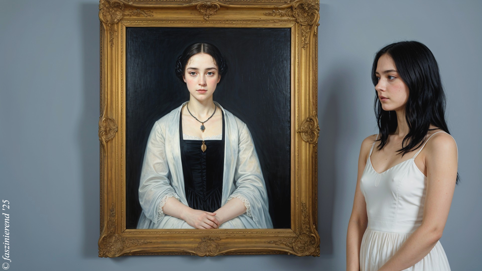 Young Woman Observes Classical Portrait in Gold Frame