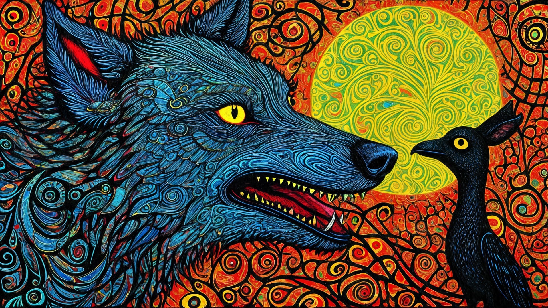 Vivid Blue Wolf with Intricate Patterns and Black Bird