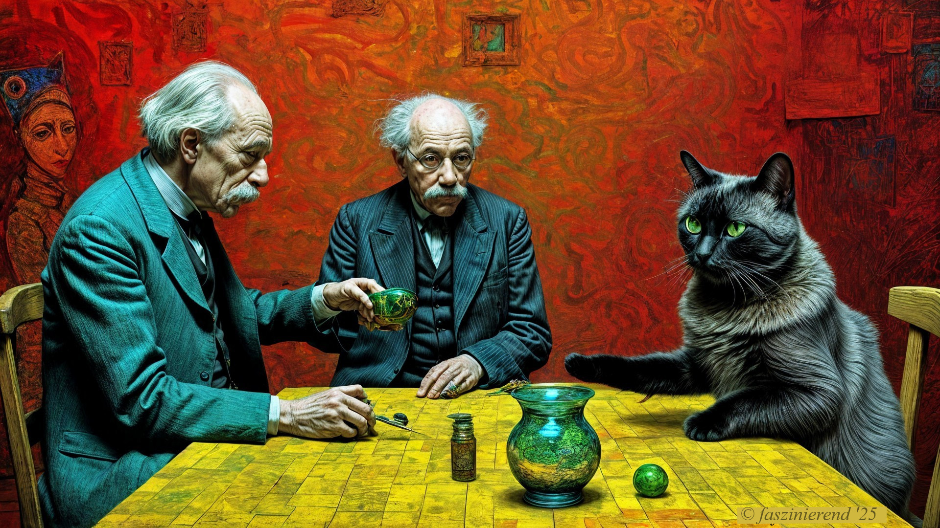 Surreal Scene of Two Men and a Green Vase with Cat