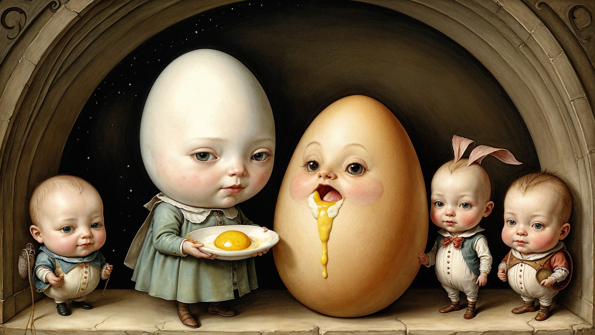 Whimsical Scene of Child and Hatching Egg with Babies