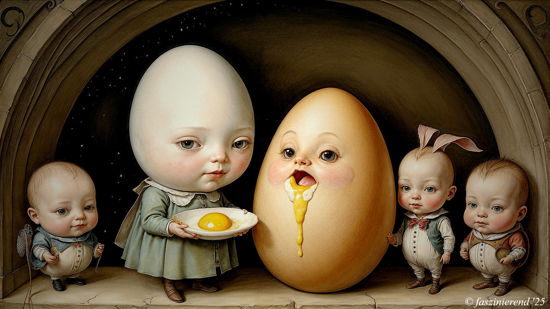 Whimsical Scene of Child and Hatching Egg with Babies