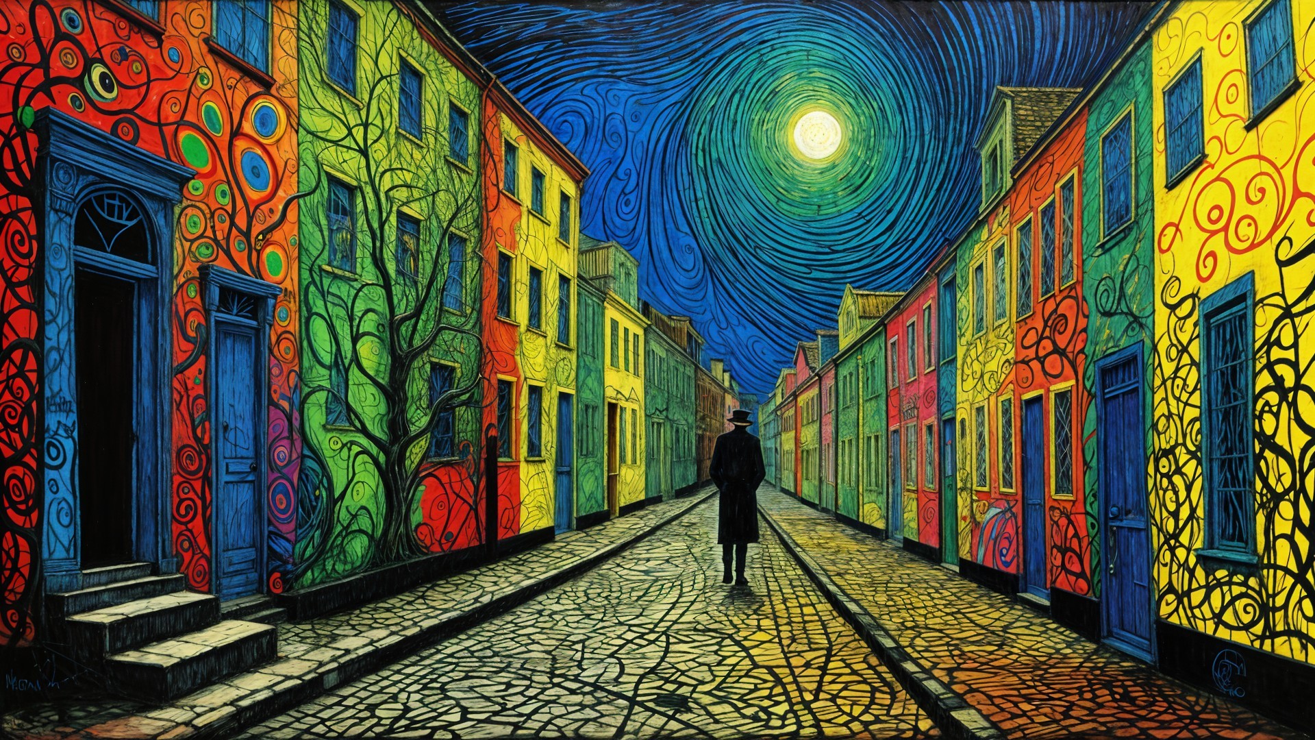 Vibrant Night Street Scene with Colorful Buildings