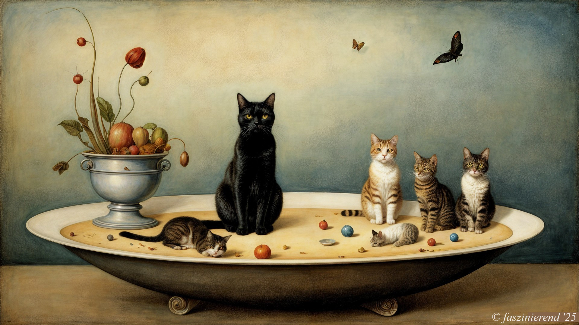 Cats on a Sand Dish in a Whimsical Setting