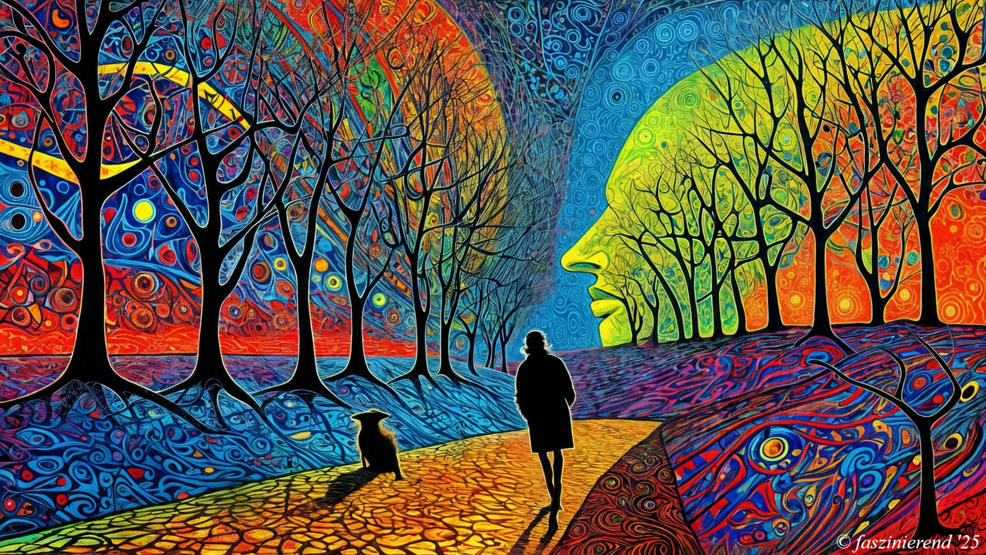 Surreal Scene with Silhouetted Figure and Dog