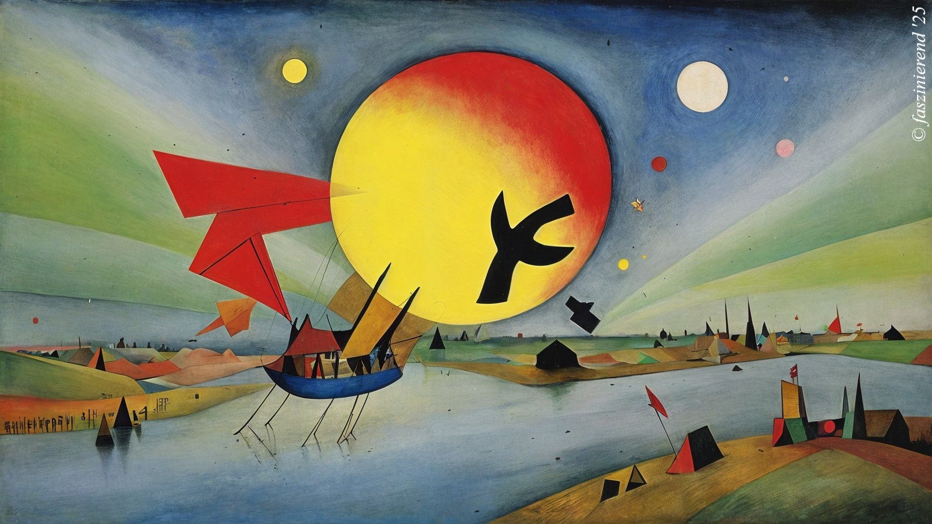 Vibrant Landscape with Bold Sun and Abstract Elements