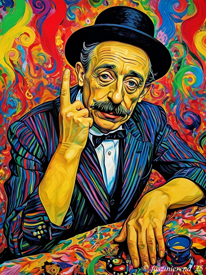 Flamboyant Figure in Striped Suit at Colorful Table