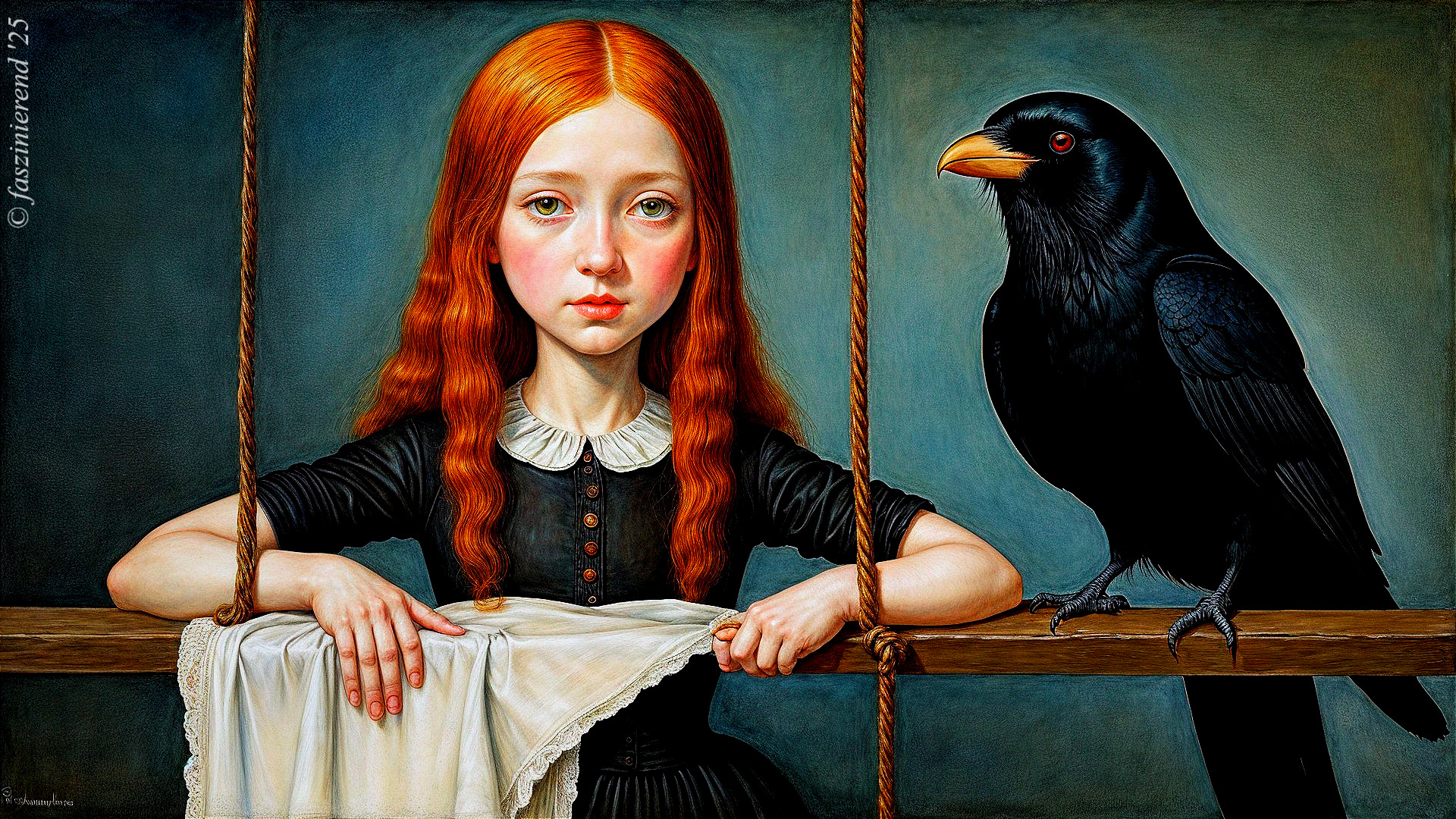 Young girl with red hair and crow behind bars