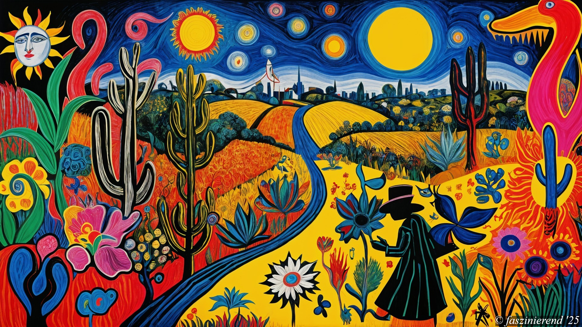 Vibrant Mural of Whimsical Landscape with Flora and Fauna