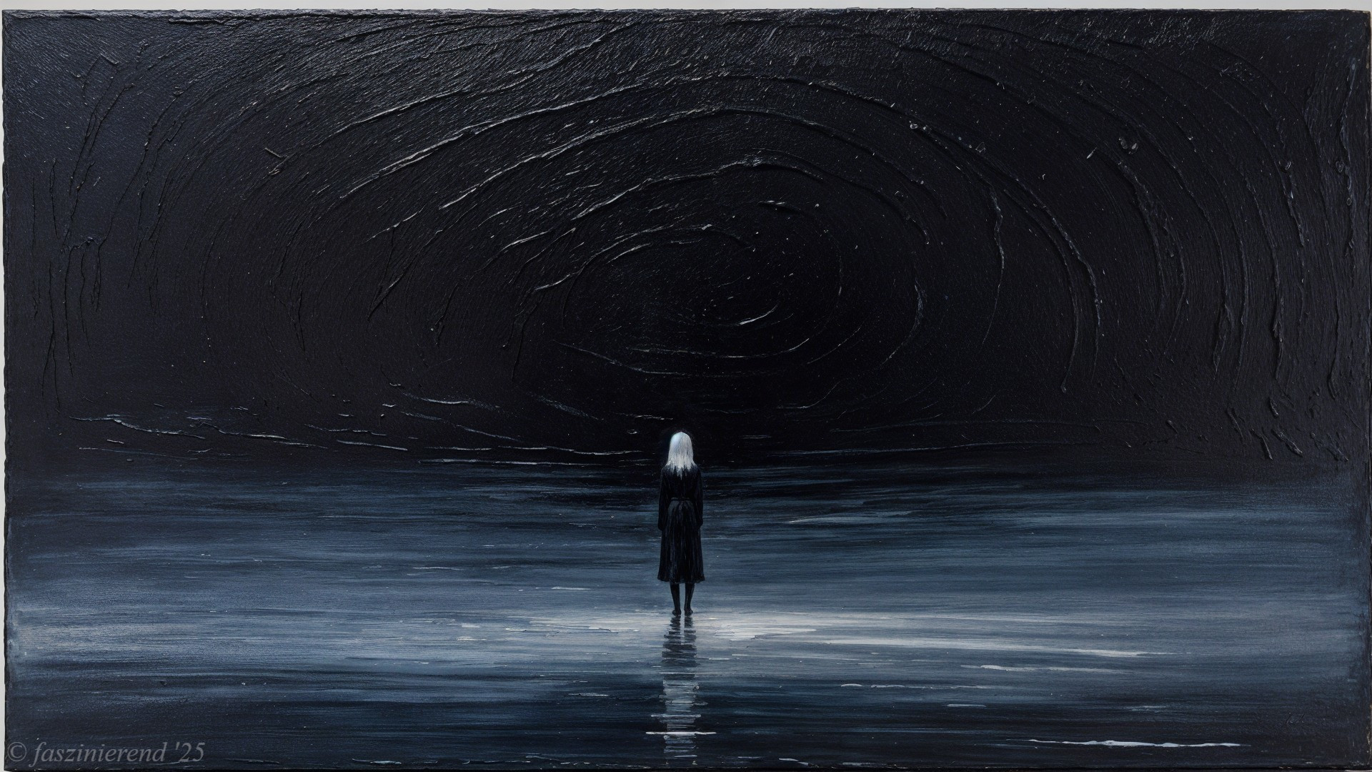 Lone Figure by Dark Sea in Surreal Dreamlike Scene