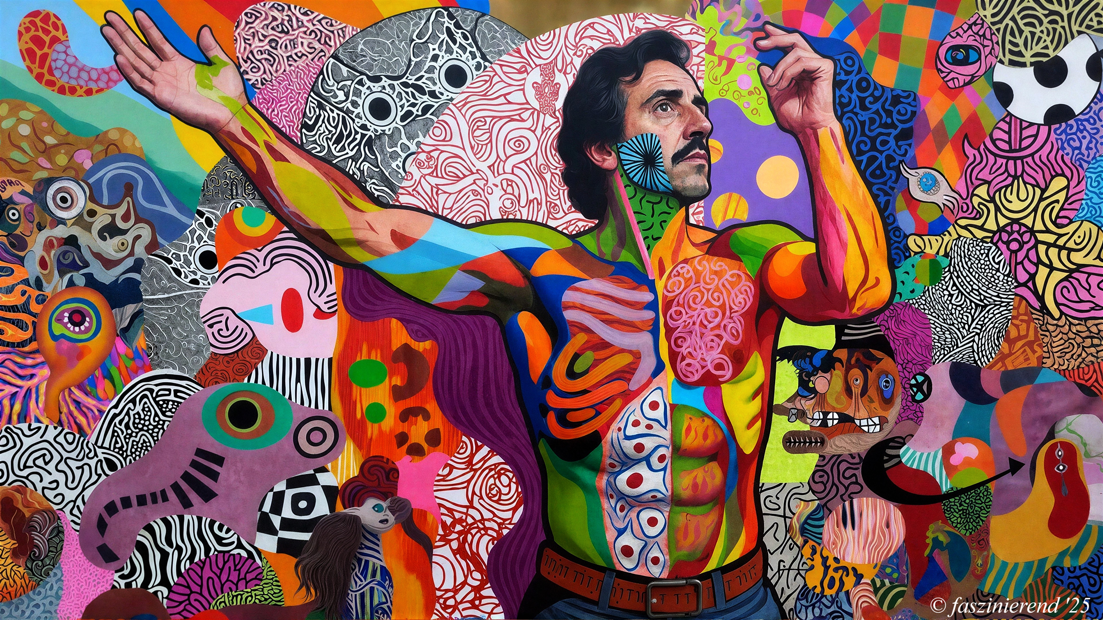 Surreal Acrylic Panel Painting of a Man with Abstract Patterns