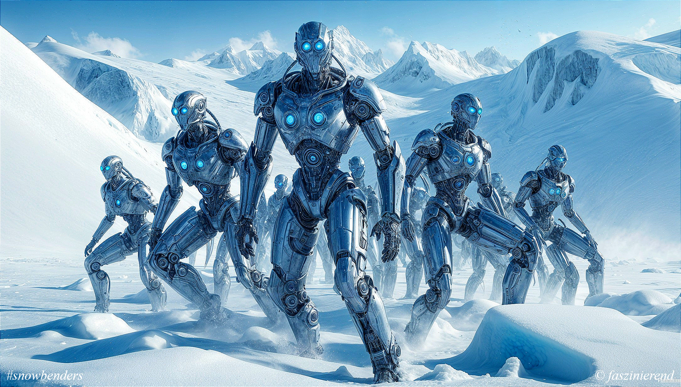 Futuristic robots in a snowy landscape with mountains