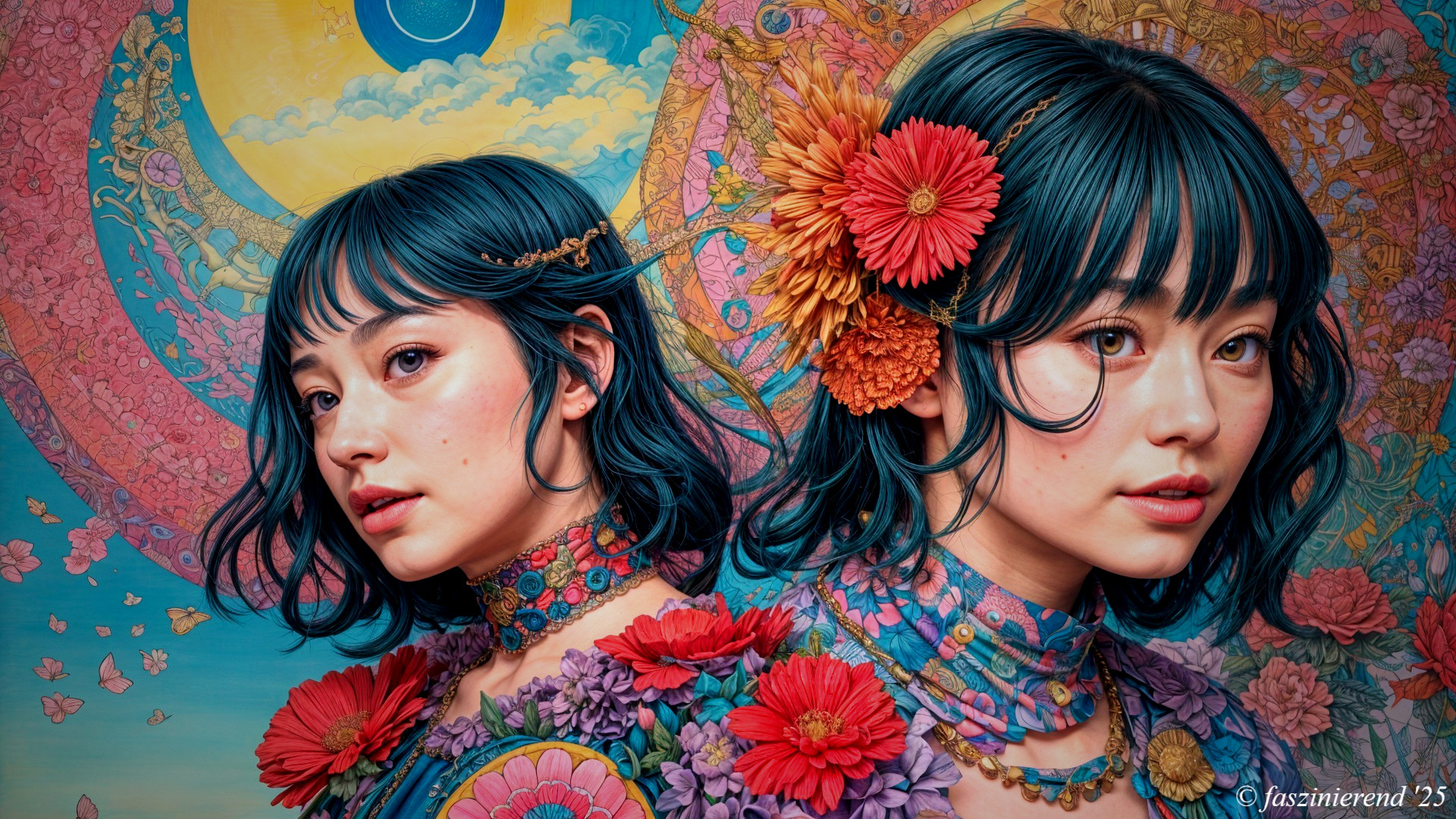 Young women with blue hair and floral accessories