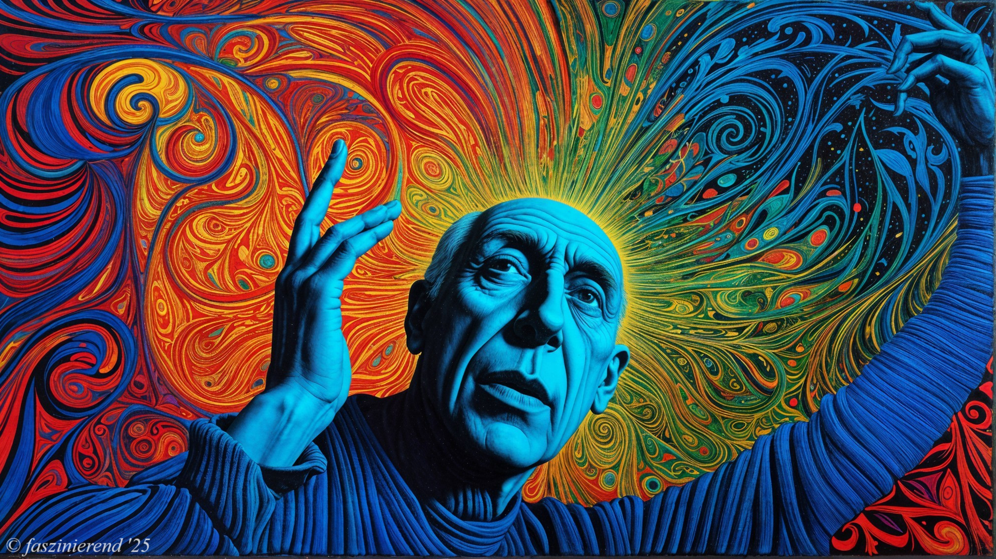 Vivid Blue-Faced Figure Against Colorful Background