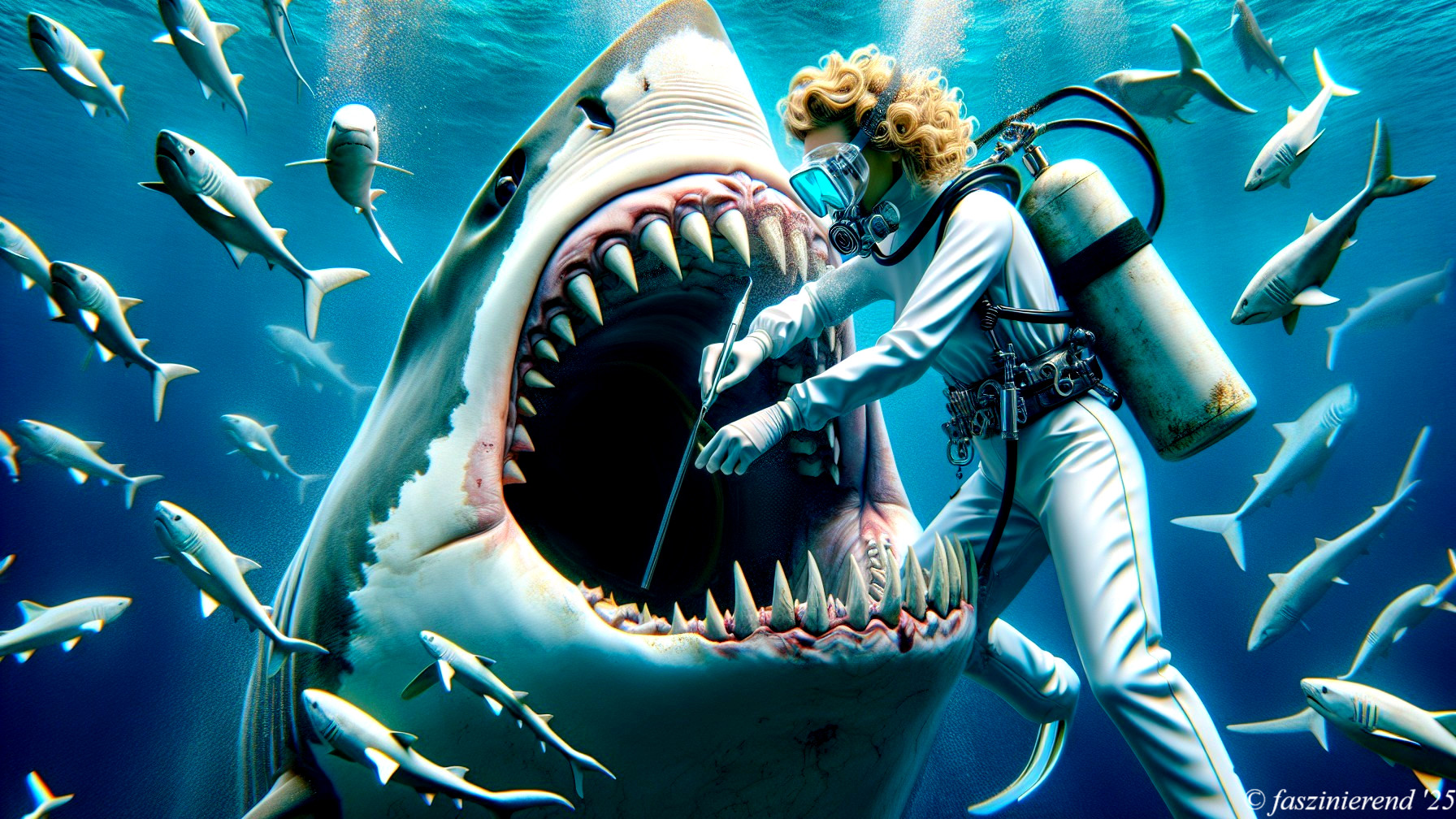 Diver Approaches Great White Shark in Vibrant Ocean