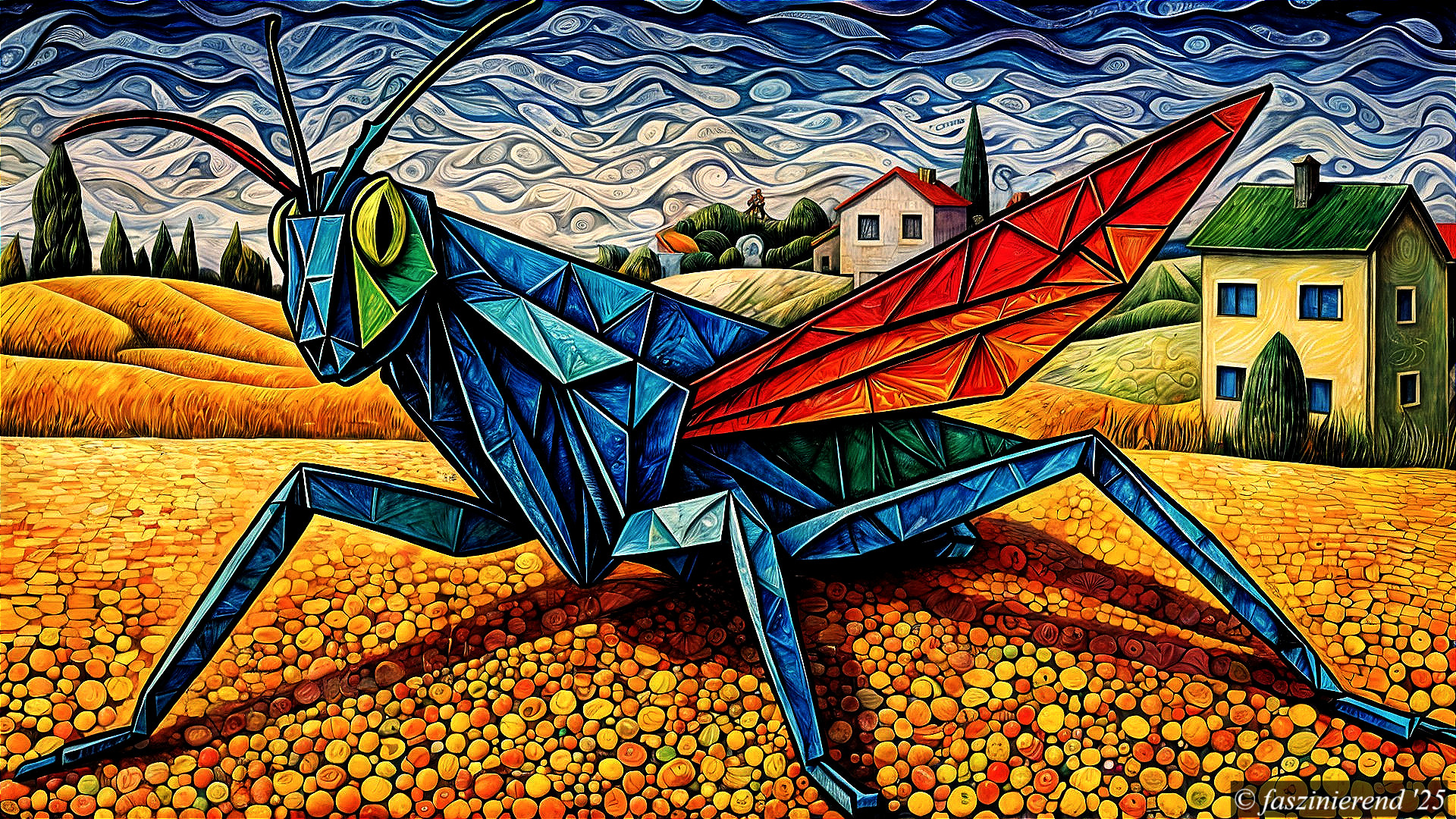 Vivid Geometric Grasshopper in Stormy Landscape