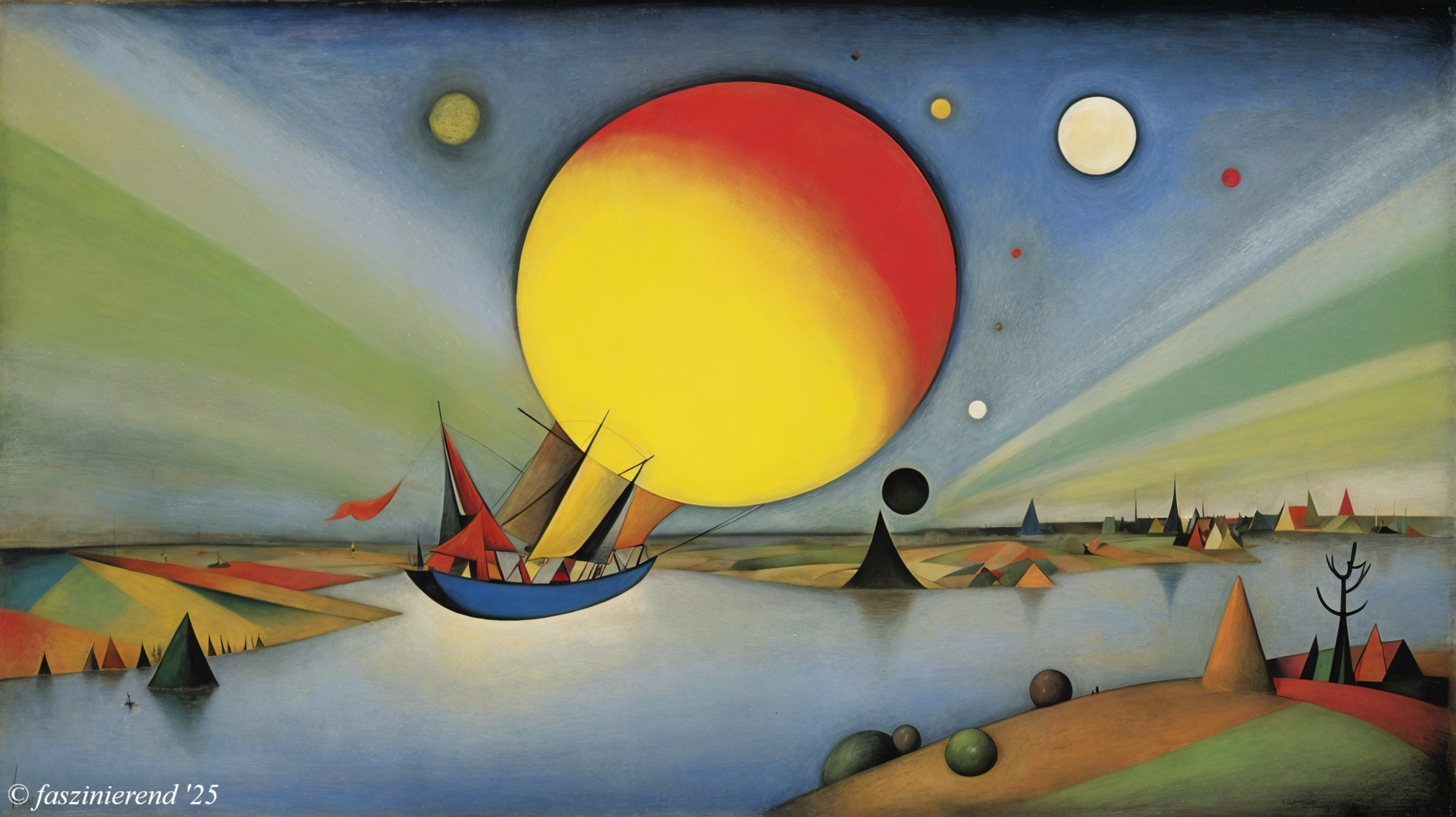 Surreal Landscape with Luminous Sun and Sailboat