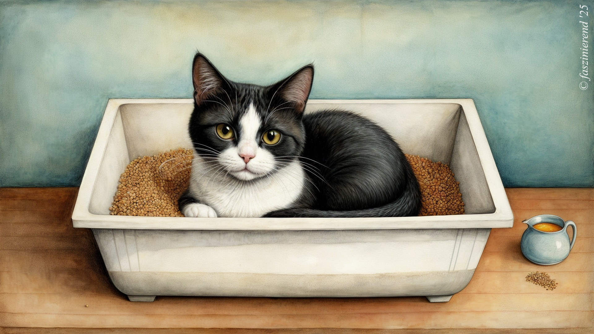 Charming Cat in Sand Box with Yellow Eyes and Cup