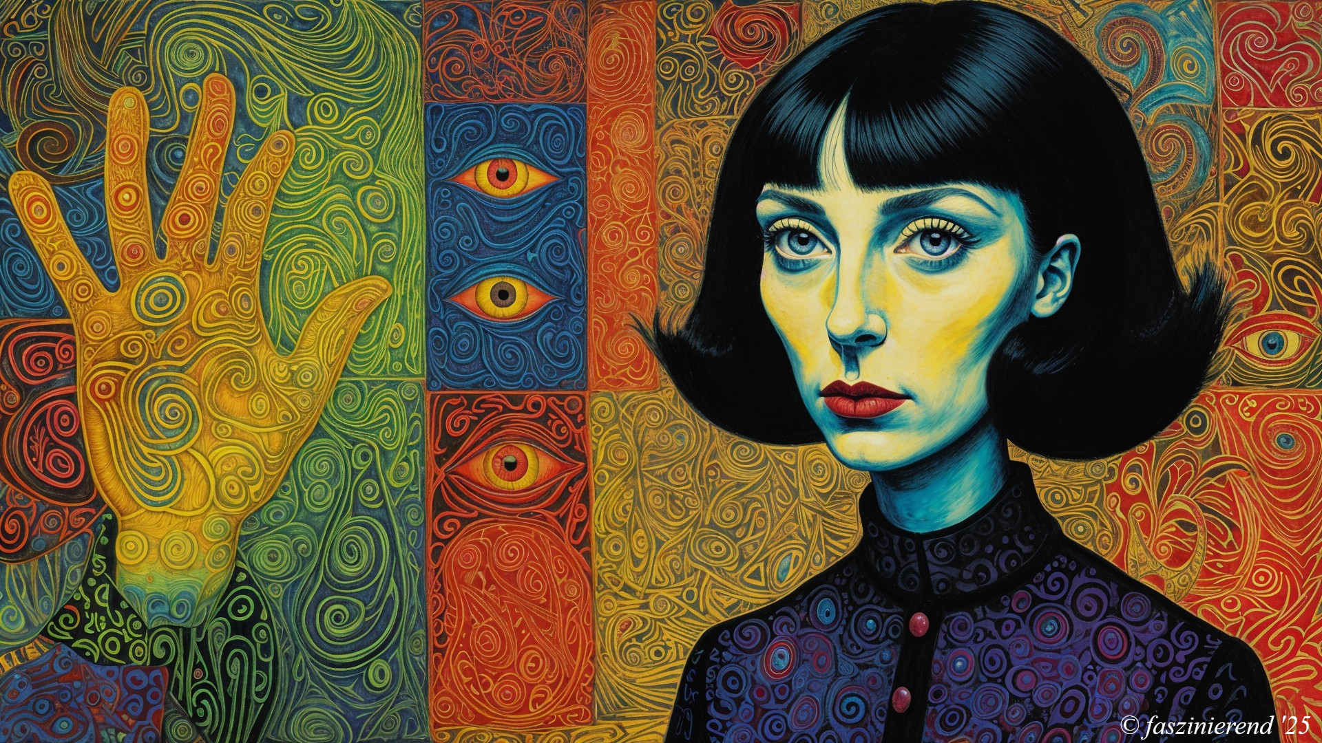 Portrait of a Woman with Bold Makeup and Abstract Background