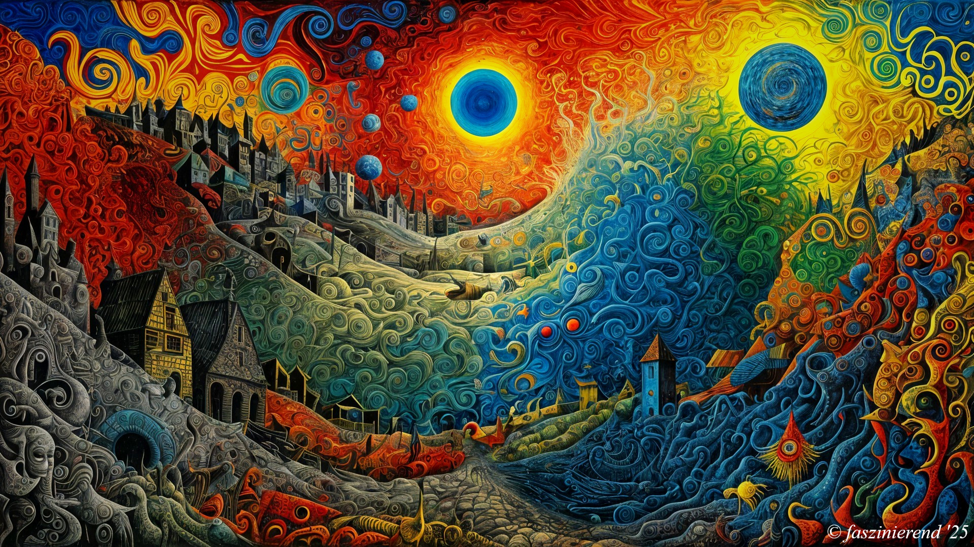 Surreal Landscape with Colorful Skies and Whimsical Town