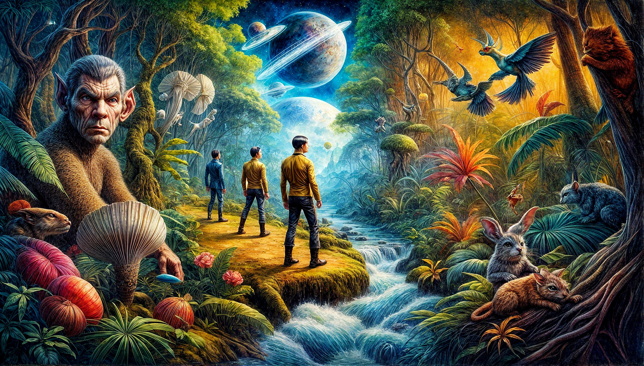 Surreal Jungle Landscape with Cosmic Elements and Creatures