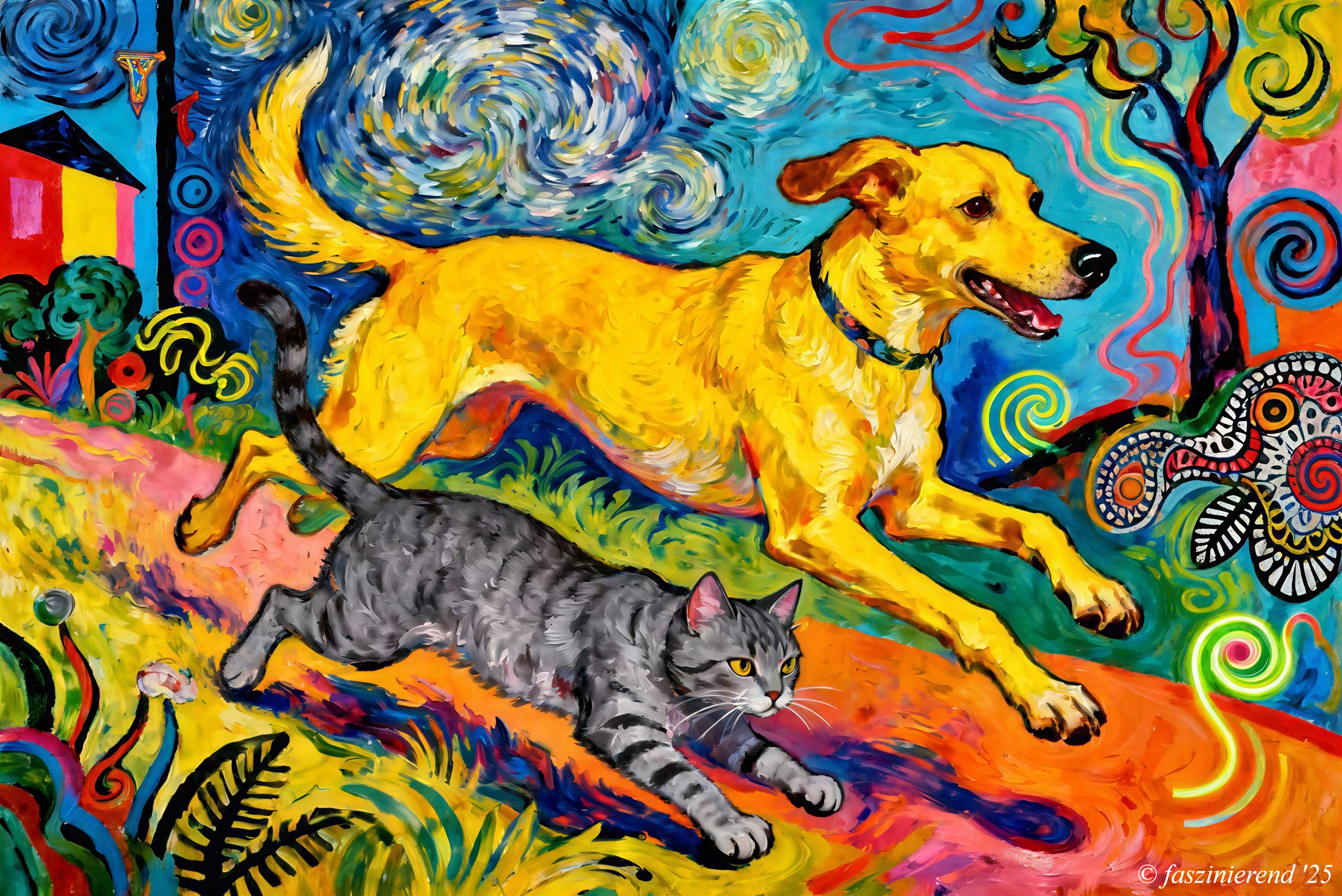 Vibrant Painting of Dog and Cat in Impressionistic Style