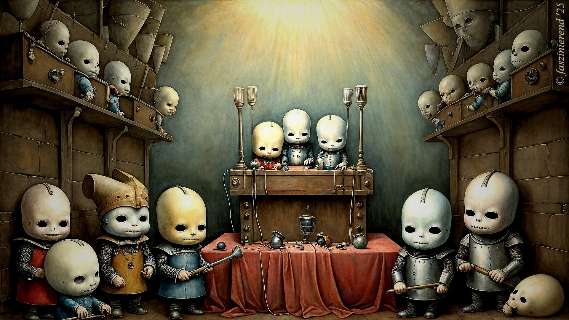 Whimsical Workshop with Doll-Like Figures and Tools