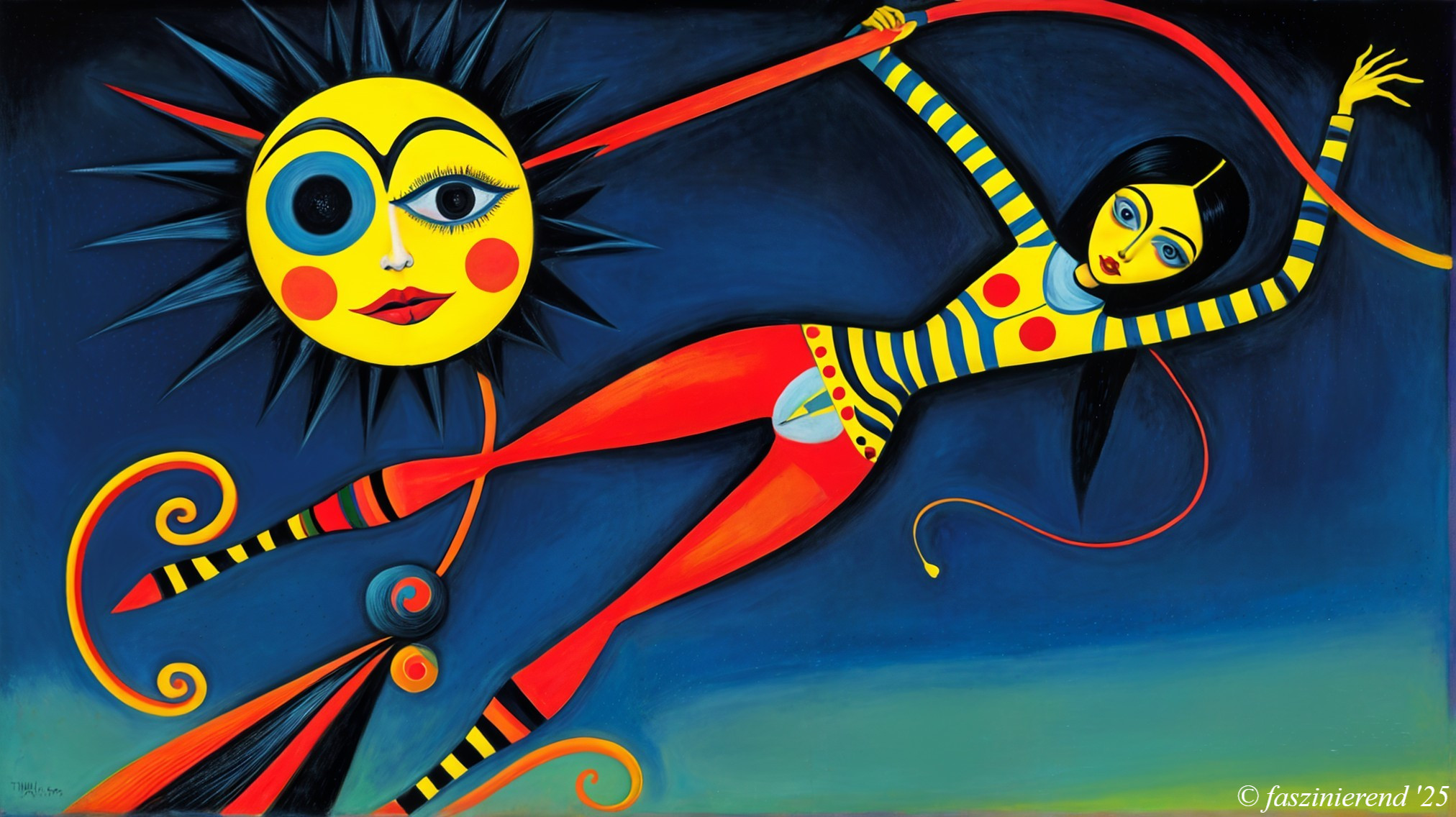 Surreal Artwork of Woman in Striped Attire and Sun