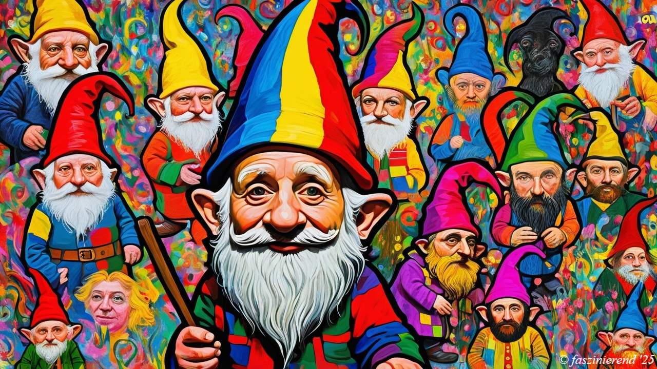 Whimsical Gnomes in Colorful Attire and Background