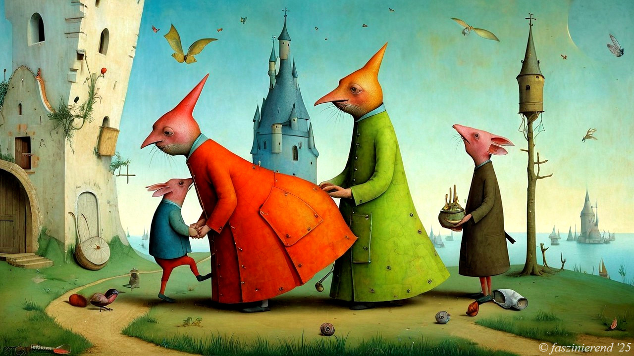 Whimsical Landscape with Bird-Headed Characters