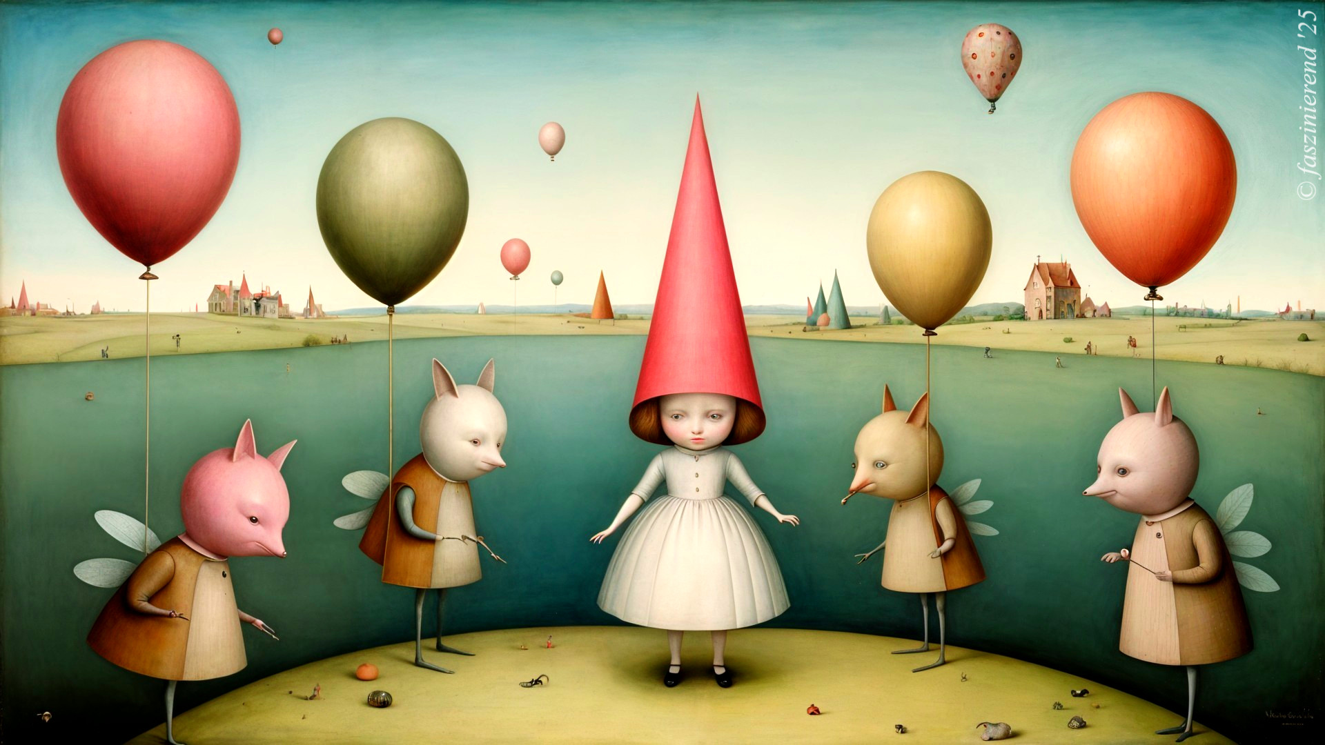 Whimsical Landscape with Girl and Creatures in Balloons