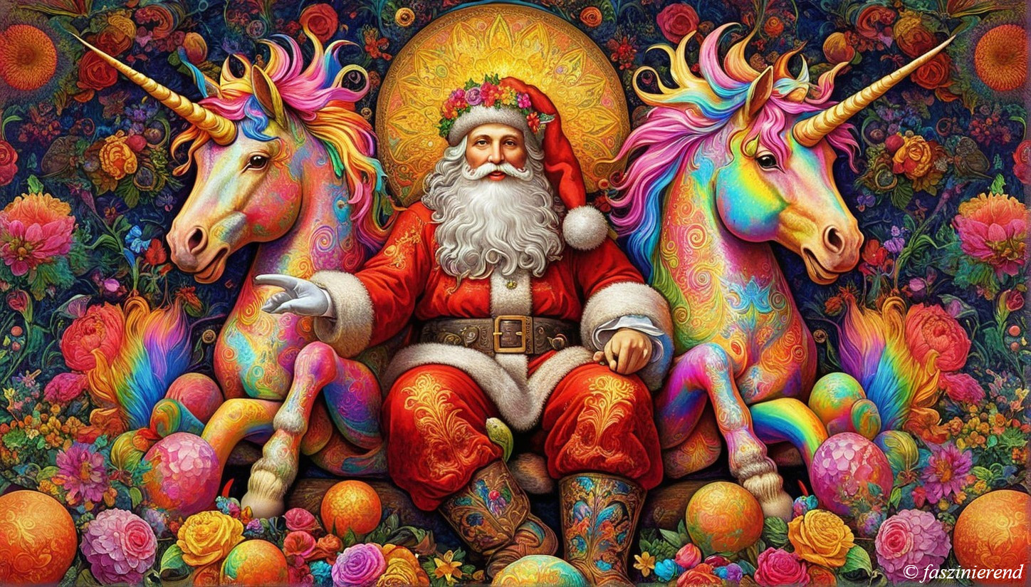 Santa Claus with Unicorns in a Whimsical Scene