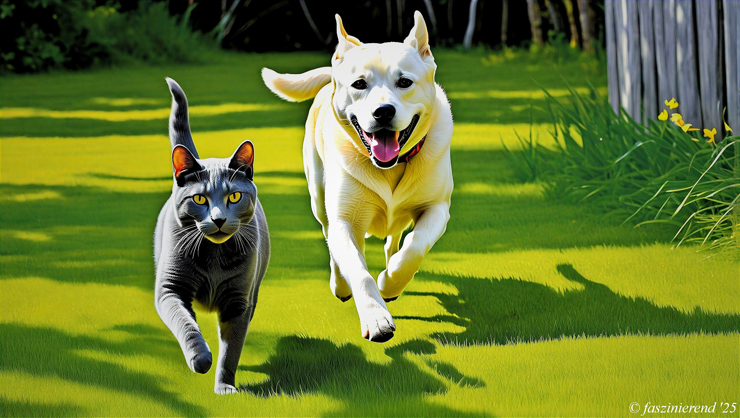 Russian Blue Cat and Cream Dog in Outdoor Scene