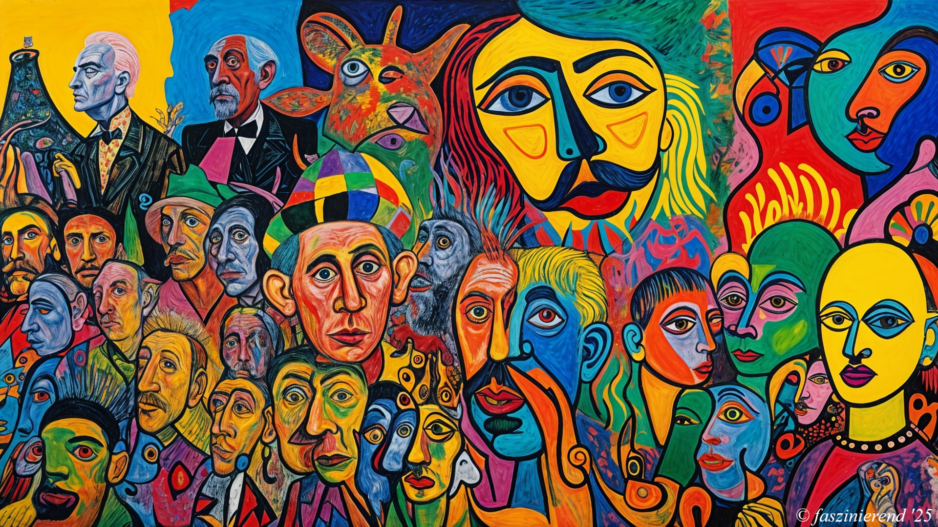 Vibrant Mural with Diverse Faces and Abstract Elements