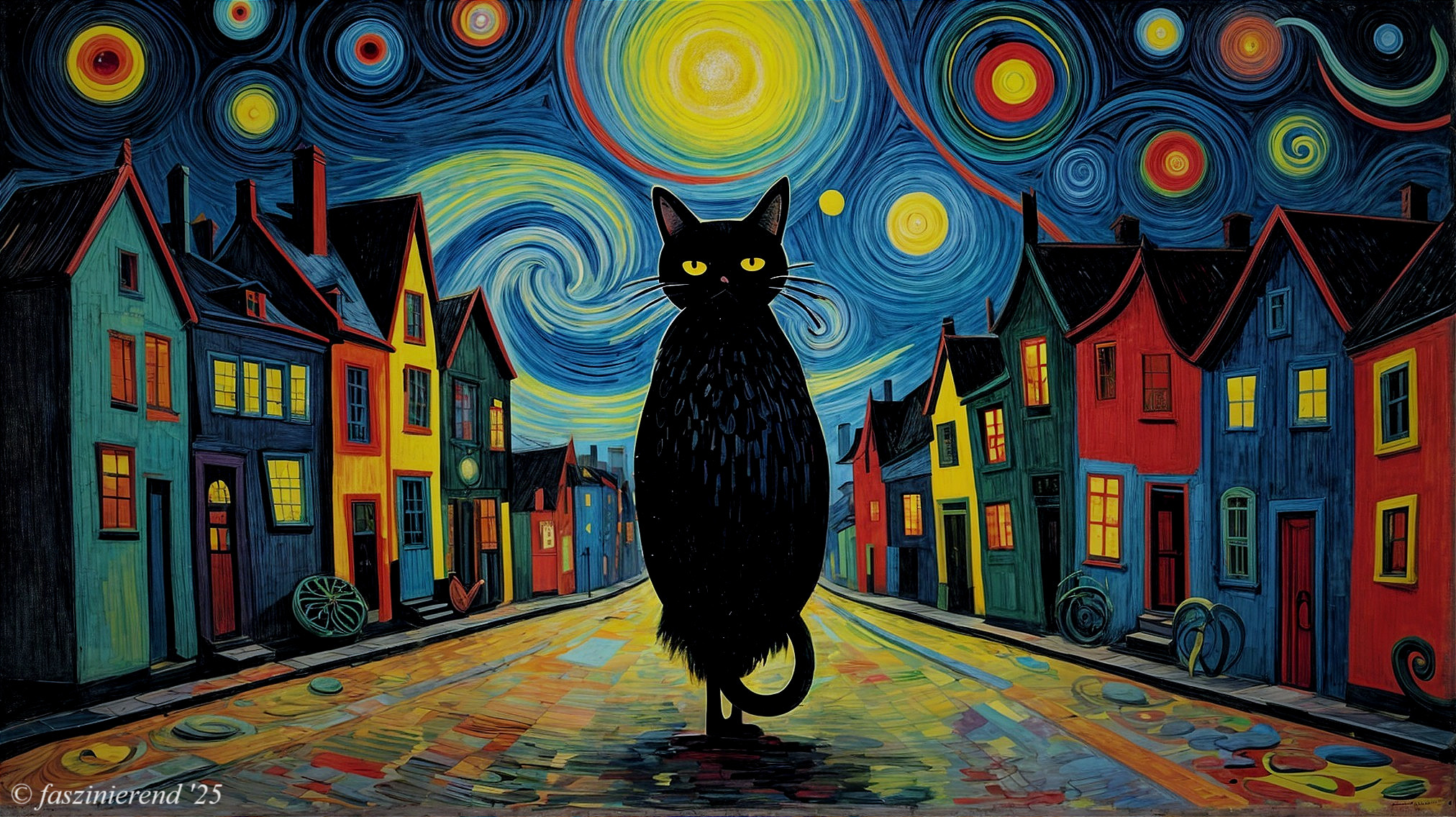 Vibrant Scene of a Black Cat on a Colorful Street